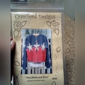 Red,White, & Blue Applique Sweatshirt Jacket Pattern One Size Patriotic